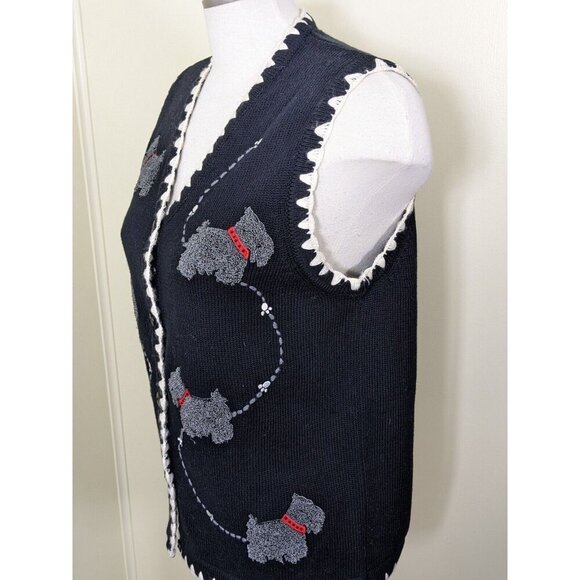Vintage Sweater Vest Womens M Scottie Dog Novelty Embroidered Fun Button Black - Picture 3 of 6